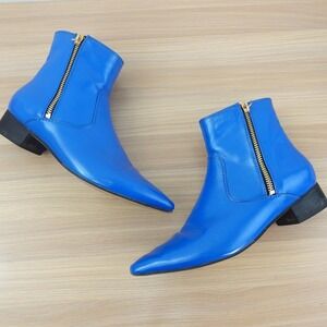 Blue Cocktail Ankle Boots Women 5 Leather Pull On Fleece Pointed Double Zip Cool
